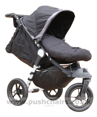Baby Jogger City Elite Black with seat reclined and Black Outlast Snuggle Bag - click for larger image