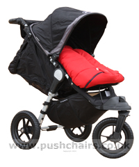 Baby Jogger City Elite Black & Charcoal with Seat Reclined, Kicker Raised and Red Outlast Snuggle Bag - click for larger image