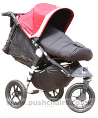 Baby Jogger City Elite Red with seat reclined and Black Outlast Snuggle Bag - click for larger image