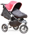 Baby Jogger City Elite Red Sport with seat reclined, kicker raised and Black Outlast Snuggle Bag - click for larger image