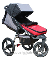 Baby Jogger Summit ATP front wheel in swivel mode, with seat reclined & Red Footmuff - click for larger image - click for larger image