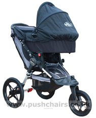Baby Jogger Summit ATP front wheel reverse locked, with Black Carrycot fitted - click for larger image