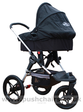 Baby Jogger Summit ATP front wheel in swivel mode, with seat removed & Black Carrycot fitted - click for larger image
