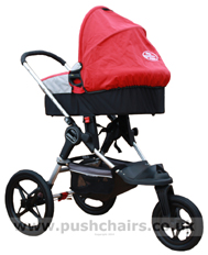 Baby Jogger Summit ATP front wheel reverse locked, with seat removed & Red Carrycot - click for larger image