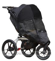 Baby Jogger Summit XC Black/Sand front wheel in swivel mode, with Lambskin Stroller Fleece & Shade-a-Babe UV SunShade - click for larger image