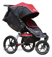 Baby Jogger Summit XC Black/Red front wheel in swivel mode, with seat reclined - click for larger image