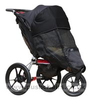 Baby Jogger Summit Summit XC Black/Red front wheel in swivel mode, with Lambskin Stroller Fleece & Shade-a-Babe - click for larger image