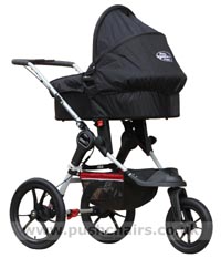 Baby Jogger Summit XC Black/Red front wheel reverse locked, with Black Carrycot & Rain Cover fitted - click for larger image