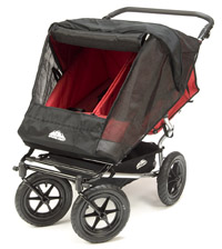 Mountain Buggy Double Urban Red with UV Sun Shade access panel open - click for larger image